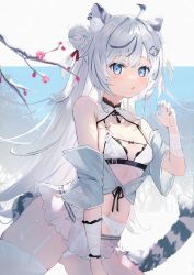 Rule 34 | 1girl, absurdres, ahoge, animal ears, bandages, bare shoulders, blush, bow, bowtie, branch, breasts, cat hair ornament, double bun, earrings, fingernails, floral print, flower, garter belt, garter straps, gradient hair, grey hair, hair bun, hair ornament, hairclip, hand up, highres, jewelry, long hair, looking at viewer, multicolored hair, nail polish, navel, off shoulder, omelet tomato, original, parted lips, scan, see-through, short sleeves, simple background, small breasts, solo, stomach, tail, thighhighs, thighs, tiger ears, tiger tail
