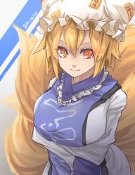 Rule 34 | 1girl, blonde hair, breast hold, breasts, dated, female focus, fox tail, hat, highres, large breasts, looking at viewer, md5 mismatch, multiple tails, orange eyes, reiga (act000), resized, short hair, solo, tail, touhou, yakumo ran