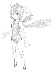 Rule 34 | 1girl, feathered wings, flip-flops, greyscale, hat, kawashina (momen silicon), leaf, looking at viewer, monochrome, one-piece swimsuit, pointy ears, pom pom (clothes), sandals, shameimaru aya, short hair, simple background, smile, solo, swimsuit, tokin hat, touhou, white background, wings