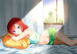 Rule 34 | 1girl, absurdres, artist name, bare legs, bare shoulders, bed, birthday, blush, female focus, green shorts, hair between eyes, happy birthday, highres, hip bones, hip focus, light rays, looking at viewer, love live!, love live! school idol project, lying, nishikino maki, on bed, parted lips, pillow, purple eyes, red hair, shirt, short hair, short shorts, shorts, smile, solo, sunbeam, sunlight, white shirt, window, yuki (rfi5607)