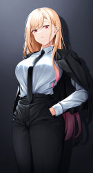 Rule 34 | 1girl, alternate costume, barbell piercing, black background, black necktie, black pants, blonde hair, breasts, closed mouth, cowboy shot, dress shirt, ear piercing, earrings, formal, gradient background, gradient hair, hand in pocket, highres, industrial piercing, jacket, jacket on shoulders, jewelry, kitagawa marin, lancheu, large breasts, long hair, multicolored hair, necktie, pants, piercing, pink hair, red eyes, shirt, shirt tucked in, solo, sono bisque doll wa koi wo suru, straight hair, suit, suit jacket, swept bangs, white shirt