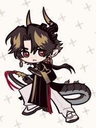 Rule 34 | 1boy, arknights, black coat, brown hair, chibi, chong yue (arknights), coat, commentary request, dragon boy, dragon horns, dragon tail, earrings, fighting stance, full body, highres, holding hands, horns, jewelry, korean commentary, long hair, long sleeves, looking at viewer, low ponytail, male focus, multicolored hair, nills, pelvic curtain, pointy ears, red eyes, standing, streaked hair, tail, wide sleeves, yellow background