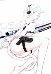 Rule 34 | 1girl, ai arctic warfare, animal ears, arm support, artist name, ass, awp (girls&#039; frontline) (nekoya (liu)), bare arms, bare legs, bare shoulders, barefoot, blue eyes, blunt bangs, bolt action, breasts, cat ears, cat tail, commentary request, dress, girls&#039; frontline, gun, handgun, headphones, holster, long hair, looking at viewer, lying, nekoya (liu), on side, original, panties, pistol, resolution mismatch, rifle, scope, simple background, small breasts, sniper rifle, solo, source smaller, strap slip, tail, thigh holster, torn clothes, torn dress, underwear, very long hair, weapon, white background, white dress, white hair, white panties