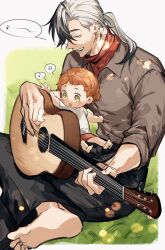 Rule 34 | 1boy, 1girl, ?, arm up, baby, bandana, barefoot, belt, black belt, black hair, black pants, blush, boothill (honkai: star rail), border, bullet earrings, child, closed eyes, collared shirt, earrings, freckles, grass, green eyes, grey shirt, guitar, hair between eyes, hand up, highres, holding, holding guitar, holding instrument, honkai: star rail, honkai (series), instrument, jewelry, long hair, long sleeves, looking at object, multicolored hair, music, musical note, open mouth, orange hair, outside border, pants, playing guitar, playing instrument, ponytail, red bandana, red shorts, shirt, short hair, shorts, simple background, sitting, sitting on person, smile, sorako (yoshida t), speech bubble, spoken musical note, t-shirt, teeth, two-tone hair, white background, white border, white hair, white shirt