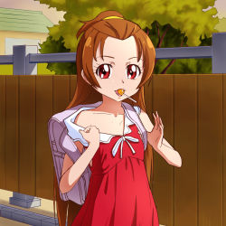 Rule 34 | 1girl, backpack, bad id, bad pixiv id, bag, bare shoulders, brown hair, candy, collarbone, dokidoki! precure, food, half updo, highres, lollipop, long hair, looking at viewer, madoka aguri, mont blanc (heartcatch ayaya), mouth hold, off shoulder, precure, randoseru, red eyes, sailor collar, solo, tree, white sailor collar