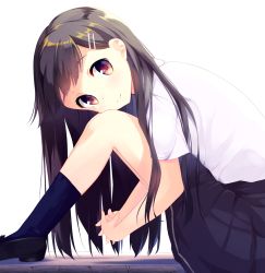Rule 34 | 1girl, :&gt;, black footwear, black hair, black skirt, blue socks, brown eyes, closed mouth, from side, hair ornament, hairclip, highres, interlocked fingers, legs together, loafers, long hair, looking at viewer, mimura zaja, original, own hands together, pleated skirt, red eyes, school uniform, shirt, shoes, short sleeves, sitting, skirt, smile, socks, solo, white shirt