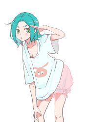 Rule 34 | 1girl, :&lt;, alternate hairstyle, aqua hair, bent over, bloomers, bob cut, breasts, cleavage, collarbone, commentary, feet out of frame, green eyes, hair down, hand on own leg, highres, leaning forward, looking at viewer, looking to the side, loose clothes, loose shirt, monogatari (series), ononoki yotsugi, open mouth, oversized clothes, oversized shirt, parted bangs, pink bloomers, salute, shirt, short hair, short sleeves, simple background, small breasts, solo, standing, t-shirt, thick eyebrows, underwear, usa003uni, white background, wide sleeves