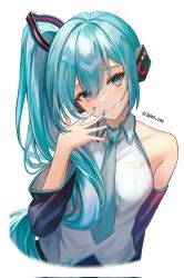 Rule 34 | 1girl, aqua eyes, aqua hair, aqua nails, aqua necktie, black sleeves, breasts, closed mouth, detached sleeves, hair ornament, hatsune miku, hatsune miku (noodle stopper), highres, kama (kama ovo), long hair, looking at viewer, medium breasts, necktie, official alternate hairstyle, smile, solo, twintails, very long hair, vocaloid, white background