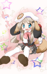 Rule 34 | 1girl, animal ears, blonde hair, blue eyes, bow, cape, dog ears, dog tail, hat, highres, large buttons, little busters!, long hair, noumi kudryavka, pink bow, plaid, plaid skirt, school uniform, skirt, solo, soutsuki naru, tail, thighhighs