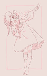 Rule 34 | 1girl, :d, arm up, blush, brown background, copyright request, dress, fang, full body, hair ornament, hairclip, highres, jigatei (omijin), leaning to the side, long sleeves, looking at viewer, monochrome, no shoes, open mouth, outstretched arm, romaji text, sailor collar, sailor dress, simple background, smile, socks, solo, standing, twintails, v, wide sleeves
