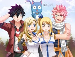 Rule 34 | 2boys, 2girls, arm behind head, black hair, blonde hair, blue eyes, blue sky, breasts, brown eyes, claudia dragneel, cleavage, crossed arms, day, detached sleeves, eden&#039;s zero, fairy tail, hair between eyes, hair ornament, hairclip, hand on own hip, happy (eden&#039;s zero), jacket, jewelry, large breasts, long hair, lucy heartfilia, multiple boys, multiple girls, natsu dragneel, necklace, open mouth, outdoors, pants, pink hair, ponytail, rebecca bluegarden, red jacket, scarf, shiki granbell, shirt, short hair, sky, sleeveless, smile, spiked hair, standing, teeth