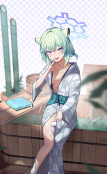 Rule 34 | 1girl, 20cnanmin, absurdres, animal ears, bamboo, bath, bathtub, between legs, blue archive, blush, breasts, collarbone, feet out of frame, green hair, grey kimono, halo, head tilt, highres, japanese clothes, kimono, knees together feet apart, looking at viewer, low twintails, nail polish, obi, official alternate costume, open clothes, open kimono, open mouth, purple eyes, purple nails, sash, shigure (blue archive), shigure (hot spring) (blue archive), short hair, small breasts, smile, solo, tail, tokkuri, towel, twintails, weasel ears, weasel girl, weasel tail, wet, yagasuri