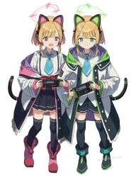 Rule 34 | 2girls, animal ear headphones, animal ears, black footwear, black skirt, black thighhighs, blonde hair, blue archive, blue necktie, blush, boots, bow, cat tail, closed mouth, collared shirt, fake animal ears, full body, green bow, green eyes, green halo, hair bow, halo, handheld game console, headphones, holding, holding handheld game console, jacket, long sleeves, mechnmechn, midori (blue archive), momoi (blue archive), multiple girls, necktie, open clothes, open jacket, open mouth, pink footwear, pink halo, playing games, pleated skirt, red bow, red eyes, shirt, short hair, siblings, simple background, sisters, skirt, smile, tail, thighhighs, twins, white background, white jacket, white shirt