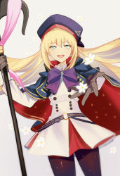 Rule 34 | 1girl, artoria caster (fate), artoria caster (second ascension) (fate), artoria pendragon (fate), belt, beret, black pantyhose, blonde hair, blue belt, blue cape, blue capelet, blush, breasts, cape, capelet, commentary request, cowboy shot, fate/grand order, fate (series), floating hair, floral print, flower, gem, gloves, green eyes, hat, highres, holding, long hair, long sleeves, looking at viewer, meow (cindy738), multicolored cape, multicolored clothes, o-ring, o-ring belt, open mouth, outstretched hand, pantyhose, reaching, reaching towards viewer, red cape, ribbon, simple background, smile, solo, staff, striped belt, teeth, upper teeth only, white background, white flower