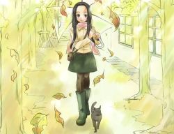 Rule 34 | 00s, 1girl, autumn leaves, cat, kazuto izumi, leaf, original, pantyhose, scarf, solo, suzumiya haruhi no yuuutsu, tsuruya, umbrella