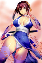 Rule 34 | 1girl, absurdres, armor, bare shoulders, breasts, brown eyes, brown hair, cherry blossoms, choker, collarbone, covered navel, cowboy shot, dead or alive, hair between eyes, hair ribbon, highres, japanese armor, japanese clothes, judge (oekaki), kasumi (doa), kote, large breasts, long hair, looking at viewer, ninja, ninjatou, panties, parted lips, pelvic curtain, petals, ribbon, sash, short sword, solo, sword, thighhighs, underwear, weapon, weapon on back, white panties, white thighhighs, wind, wind lift, wrist guards, yellow ribbon