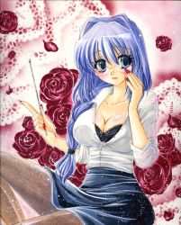 Rule 34 | 1girl, bad id, bad pixiv id, baton, blue eyes, blue hair, braid, breasts, cleavage, flower, glasses, hair intakes, kanon, large breasts, matching hair/eyes, mature female, minase akiko, mitsuba (threeleaf), nail polish, pantyhose, pointer, red flower, red nails, red rose, rose, solo, traditional media