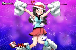 Rule 34 | 1girl, armpits, arms up, black hair, blue legwear, blue shirt, blush, breasts, brown eyes, character name, clenched teeth, creatures (company), disembodied hand, emphasis lines, english text, female focus, game freak, gameplay mechanics, gloves, green (pokemon), hat, health bar, highres, knees together feet apart, kusugurijin, long hair, looking down, master hand, medium breasts, miniskirt, motion lines, multiple hands, nintendo, nose blush, pleated skirt, pokemon, pokemon frlg, purple background, red footwear, red skirt, restrained, shirt, shoes, skirt, sleeveless, sleeveless shirt, smile, socks, solo focus, super smash bros., sweat, tears, teeth, tickling, trembling, wavy mouth, white gloves, white headwear