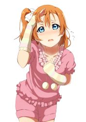 Rule 34 | 10s, 1girl, absurdres, bad id, bad pixiv id, blue eyes, blush, cowboy shot, hair ribbon, hand on forehead, highres, kosaka honoka, looking at viewer, love live!, love live! school idol festival, love live! school idol project, one side up, open mouth, orange hair, pajamas, ribbon, side ponytail, simple background, siokazunoko, solo, white background