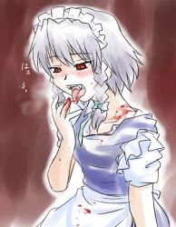 Rule 34 | 1girl, bite mark, blood, braid, embodiment of scarlet devil, fangs, female focus, gradient background, hair ribbon, izayoi sakuya, maid, open mouth, red eyes, ribbon, short hair, silver hair, solo, supon, tongue, touhou, twin braids, vampire