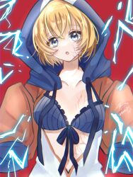 Rule 34 | 1girl, :o, adapted costume, animification, apex legends, blue bra, bodysuit, bra, collarbone, electricity, facial scar, hair behind ear, head tilt, highres, hood, hood up, hooded jacket, jacket, looking at viewer, navel, open mouth, orange jacket, red background, ribbed bra, saki (syauki1119), scar, scar on cheek, scar on face, short hair, sleeves past fingers, sleeves past wrists, solo, straight-on, underwear, upper body, wattson (apex legends), white bodysuit