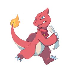Rule 34 | blue eyes, charmeleon, claws, clenched teeth, commentary, commission, creature, creatures (company), english commentary, fiery tail, fire, fire, flame-tipped tail, full body, game freak, gen 1 pokemon, highres, holding, holding paper, horns, looking back, nintendo, no humans, paper, pokemon, pokemon (creature), running, salanchu, signature, simple background, single horn, solo, tail, teeth, white background