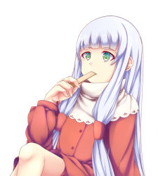 Rule 34 | 10s, 1girl, alternate costume, aoki hagane no arpeggio, buttons, dress, eating, closed eyes, green eyes, hair ribbon, i-402 (aoki hagane no arpeggio), jacket, long hair, long sleeves, ribbon, silver hair, simple background, solo, tsuchimata, white background