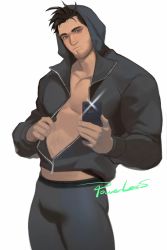 Rule 34 | 1boy, abs, bara, bare pectorals, beard, black jacket, black leggings, cowboy shot, expressionless, facial hair, highres, holding, holding phone, hood, hooded jacket, jacket, large pectorals, leggings, male focus, messy hair, midriff peek, muscular, muscular male, open clothes, open jacket, original, pectoral cleavage, pectorals, phone, powerlesssong, selfie, short hair, solo, stomach, stubble, thighs, white background
