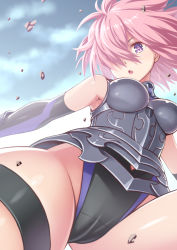 Rule 34 | 1girl, armor, armored dress, armpits, black gloves, black leotard, breastplate, breasts, cameltoe, cloud, elbow gloves, fate/grand order, fate (series), gloves, gluteal fold, hair over one eye, highres, kicking, leotard, mash kyrielight, open mouth, outdoors, pink eyes, pink hair, porikeracchou, short hair, sky, solo, thigh strap, thighs