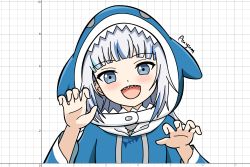Rule 34 | 1girl, auyum, blue eyes, blue hair, blunt bangs, blush, cropped torso, gawr gura, graphing calculator, grey hair, grid background, hands up, highres, hololive, hololive english, holomyth, hood, hood up, looking at viewer, making-of available, multicolored hair, open mouth, sharp teeth, signature, smile, solo, streaked hair, teeth, upper body, virtual youtuber