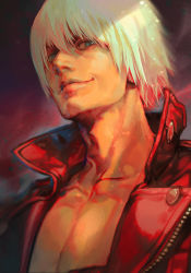 Rule 34 | 1boy, capcom, closed mouth, dante (devil may cry), devil may cry, devil may cry (series), devil may cry 3, green eyes, hair between eyes, hungry clicker, jacket, looking at viewer, male focus, red jacket, smile, smug, solo, upper body, white hair