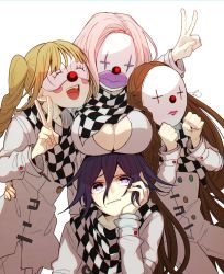 Rule 34 | 1boy, 3girls, :d, blonde hair, blush stickers, braid, breast rest, breasts, breasts on head, brown hair, checkered clothes, checkered scarf, cheek rest, cleavage, clenched hands, commentary request, danganronpa (series), danganronpa v3: killing harmony, facing down, highres, jacket, kitsunebi v3kokonn, large breasts, lips, long hair, looking up, mask, multiple girls, open mouth, oma kokichi, purple eyes, purple hair, scarf, simple background, smile, straitjacket, teeth, upper teeth only, v, very long hair, white background, white hair, white jacket