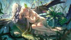 Rule 34 | 1girl, absurdres, bare shoulders, barefoot, branch, check commentary, closed eyes, commentary request, day, detached sleeves, dress, forest, full body, genshin impact, green hair, hair intakes, hair ornament, highres, jewelry, leaf, long hair, multicolored hair, nature, outdoors, parted lips, pointy ears, rukkhadevata (genshin impact), sleeping, solo, tree, tu er tm, two-tone hair, very long hair, white dress, white hair, white sleeves