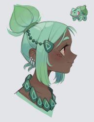 Rule 34 | 1girl, bulbasaur, closed mouth, dark-skinned female, dark skin, earrings, freckles, gen 1 pokemon, green hair, hair ornament, hairclip, highres, jewelry, necklace, original, pokemon, ponytail, portrait, profile, red eyes, simple background, smile, solo, sui (suizilla), tooth earrings, white background