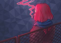 Rule 34 | 1girl, animated, animated gif, blue scarf, blunt bangs, brown jacket, chain-link fence, cigarette, commentary, dora ingrid, english commentary, fence, from behind, jacket, original, pink hair, scarf, short hair, smoking, solo