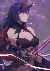 Rule 34 | 1girl, armor, artist name, bare shoulders, breasts, cleavage, closed mouth, cloud, cloudy sky, electricity, gauntlets, highres, holding, holding sword, holding weapon, honkai (series), honkai impact 3rd, horns, japanese armor, katana, large breasts, long hair, medium breasts, nekopurrincess, outdoors, purple eyes, purple hair, purple sky, raiden mei, raiden mei (herrscher of thunder), sky, solo, sword, weapon