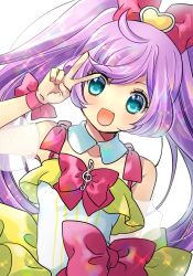 Rule 34 | 1girl, :d, absurdres, aqua eyes, arm up, bow, commentary request, detached collar, hair bow, heart, highres, idol, idol land pripara, koge donbo, long hair, manaka laala, open mouth, pink bow, pink ribbon, pretty series, pripara, purple hair, ribbon, simple background, skirt, smile, solo, treble clef, twintails, v, white background, wrist ribbon, yellow skirt