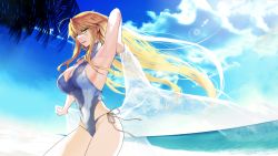 Rule 34 | absurdres, arm up, armpits, artoria pendragon (all), artoria pendragon (fate), artoria pendragon (lancer) (fate), artoria pendragon (swimsuit ruler) (fate), artoria pendragon (swimsuit ruler) (second ascension) (fate), blonde hair, blue sky, breasts, copyright request, fate (series), green eyes, highres, ishida akira, large breasts, long hair, looking at viewer, non-web source, ocean, official art, palm tree, sand, sky, smile, sun, swimsuit, tree