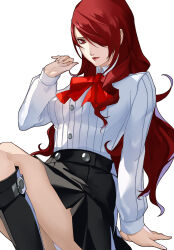 Rule 34 | 1girl, absurdres, black footwear, breasts, feet out of frame, hair over one eye, highres, kirijou mitsuru, lipstick, long hair, looking at viewer, makeup, medium breasts, neck ribbon, persona, persona 3, pertex 777, red eyes, red hair, red lips, red ribbon, ribbed shirt, ribbon, shirt, sitting, skirt, smile, solo, white background, white shirt