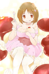 Rule 34 | 10s, 1girl, 2014, :q, blush stickers, breasts, dated, dress, flower, food, food on body, frilled dress, frills, hair flower, hair ornament, hand on own chest, idolmaster, idolmaster cinderella girls, in food, large breasts, mimura kanako, nagian, oversized object, pink dress, pudding, smile, solo, spoon, thighhighs, tongue, tongue out, wavy mouth, white thighhighs