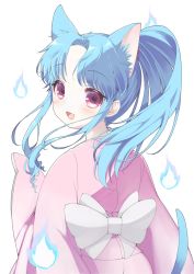 Rule 34 | 1girl, animal ear fluff, animal ears, blue hair, botan (yu yu hakusho), cat ears, commentary, highres, japanese clothes, kimono, long hair, long sleeves, looking at viewer, open mouth, ponytail, purple eyes, ro (igris-geo), simple background, smile, solo, white background, yuu yuu hakusho