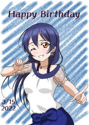 Rule 34 | 1girl, ;), artist name, artist request, bare shoulders, blue bow, blue hair, blue skirt, blush, bow, breasts, brown eyes, collarbone, dated, dress, female focus, fresh fruits parlor (love live!), gem, hair between eyes, jewelry, long hair, looking at viewer, love live!, love live! school idol festival, love live! school idol festival all stars, love live! school idol project, medium breasts, miniskirt, nail, nail polish, necklace, one eye closed, parted lips, pearl (gemstone), pearl necklace, pink lips, pink nails, pink nails, plaid, plaid dress, plaid skirt, pleated, pleated dress, pleated skirt, pointing, pointing at viewer, polka dot sleeves, puffy short sleeves, puffy sleeves, see-through, see-through sleeves, short sleeves, skirt, smile, solo, sonoda umi, teeth, white dress, wink, yellow eyes