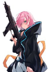 Rule 34 | 1girl, absurdres, bare shoulders, black jacket, black leotard, blue eyes, commentary request, eyes visible through hair, gun, hair over one eye, highres, holding, holding gun, holding weapon, hood, hood down, hooded jacket, jacket, leotard, long sleeves, nijisanji, pink hair, puffy long sleeves, puffy sleeves, shorts, simple background, sleeves past wrists, solo, virtual youtuber, weapon, weapon request, white background, white shorts, yuki maccha (yukimattya10), yuuhi riri