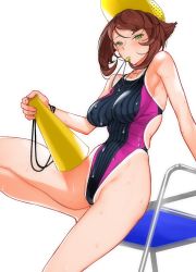 Rule 34 | 1girl, absurdres, baseball cap, black one-piece swimsuit, breasts, brown hair, chair, competition swimsuit, covered erect nipples, cowboy shot, green eyes, hand on own hip, hat, highleg, highleg swimsuit, highres, kantai collection, large breasts, leaning forward, lifeguard chair, looking at viewer, megaphone, mouth hold, multiple views, mutsu (kancolle), one-piece swimsuit, purple one-piece swimsuit, sanazura hiroyuki, short hair, simple background, sitting, smile, swimsuit, tan, tanline, wet, wet clothes, wet swimsuit, whistle, whistle around neck, white background, yellow headwear