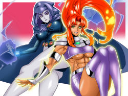 Rule 34 | 2girls, breasts, dc comics, gradient background, large breasts, multiple girls, muscular, raven (dc), starfire, taiga00330, teen titans