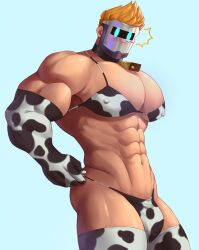 Rule 34 | 1boy, abs, alternate pectoral size, animal ears, animal print, artificial eye, bara, bell, biceps, bikini briefs, black thighhighs, blonde hair, blush, bulge, covered erect nipples, cow boy, cow ears, cow horns, cow print, cow tail, cowbell, elbow gloves, feet out of frame, gloves, highres, horns, huge pectorals, indie virtual youtuber, looking at viewer, male focus, male underwear, mask, masked himbo (silvyspark), mechanical eye, muscular, muscular male, navel, nipples, notice lines, pectoral cleavage, pectorals, print male underwear, rekkinj, second-party source, short hair, shy, solid oval eyes, solo, standing, stomach, surprised, tail, thick thighs, thighhighs, thighs, underwear, v-taper, virtual youtuber