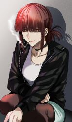 Rule 34 | 1girl, black jacket, black pantyhose, cigarette, closed mouth, collarbone, commentary request, ear piercing, earrings, highres, hoshi san 3, jacket, jewelry, long sleeves, looking at viewer, open clothes, open jacket, orange eyes, pantyhose, piercing, red hair, shadow, shirt, short hair, sidelocks, smoke, smoking, solo, squatting, super no ura de yani suu futari, tayama (super no ura de yani suu futari), white shirt