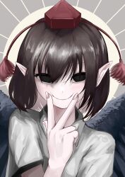 Rule 34 | 1girl, absurdres, bird wings, black eyes, black wings, brown hair, closed mouth, collared shirt, commentary request, dedemaru, empty eyes, fingernails, forced smile, grey background, hair between eyes, hat, highres, looking at viewer, medium bangs, pointy ears, red hat, shameimaru aya, shirt, short hair, smile, solo, tokin hat, touhou, upper body, v over mouth, white shirt, wings