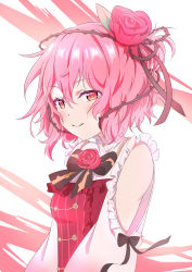Rule 34 | absurdres, alternate hair length, alternate hairstyle, black bow, blush, bow, breasts, brown eyes, commentary, dress, english commentary, flower, hair flower, hair ornament, highres, looking at viewer, magho, nijisanji, nijisanji en, pink hair, plant, red dress, red flower, red rose, rose, rosemi lovelock, rosemi lovelock (1st costume), short hair, short sidetail, small breasts, smile, solo, thorns, upper body, vines, virtual youtuber, white background
