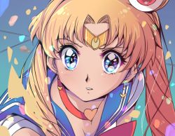Rule 34 | 1girl, bare shoulders, bishoujo senshi sailor moon, blonde hair, blue eyes, blue sailor collar, blush, bow, bowtie, breasts, choker, circlet, cleavage, collarbone, commentary, commentary request, crescent, crescent earrings, derivative work, earrings, eyelashes, from side, hair ornament, heart, heart choker, iguana henshuu-chou, jewelry, meme, parted bangs, parted lips, red bow, red bowtie, red choker, sailor collar, sailor moon, sailor moon redraw challenge (meme), sailor senshi uniform, school uniform, screenshot redraw, serafuku, solo, teeth, tsukino usagi, twintails, twitter username, upper body